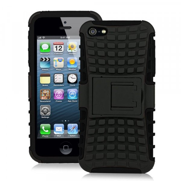 Wholesale iPhone 5 5S TPU+PC Dual  Hybrid Case with Stand (Black-Black)